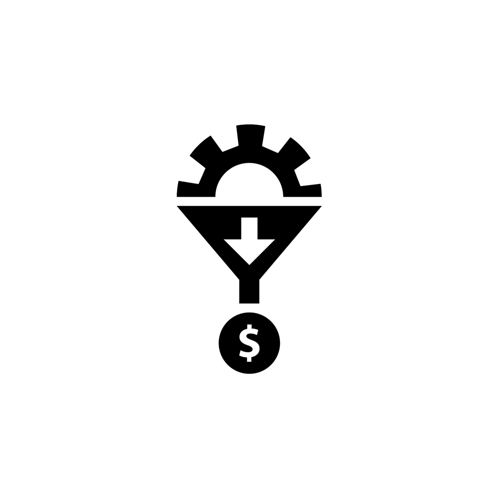 an icon with a gear, and arrow and a money symbol inside of a circle